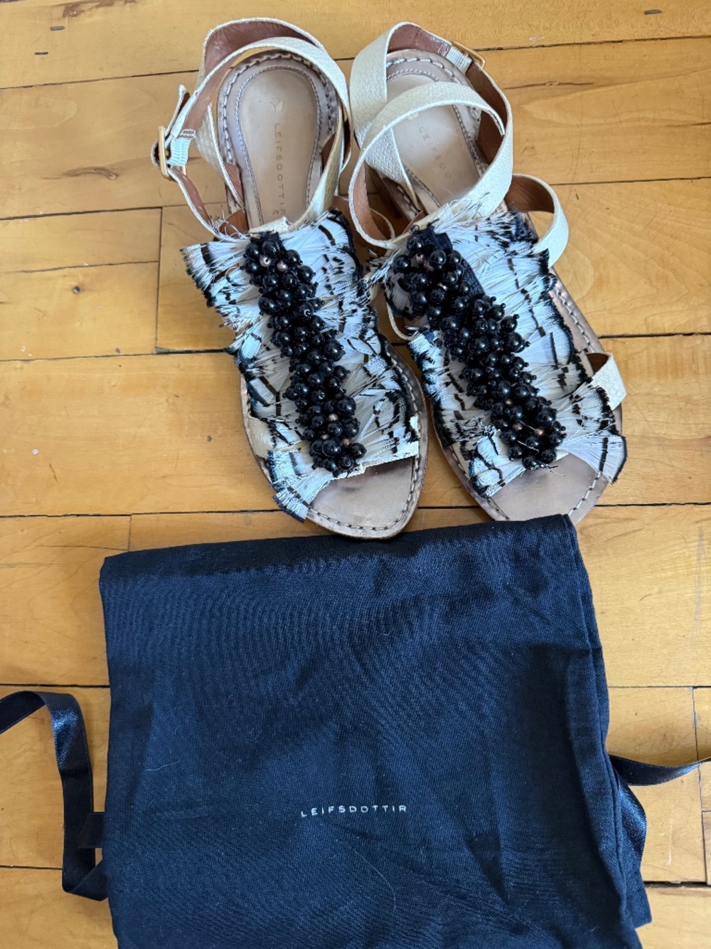 Leifsdottir Feather Beaded Sandals Snake Leather 36.5